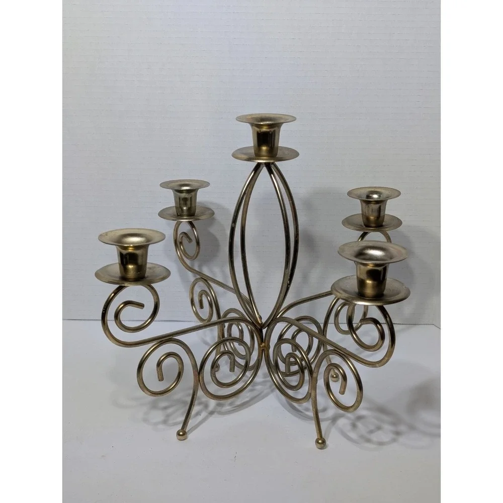 Vintage Gold Tone Brass 5 Arm Candelabra Scroll Candle Stick Holder 11x9